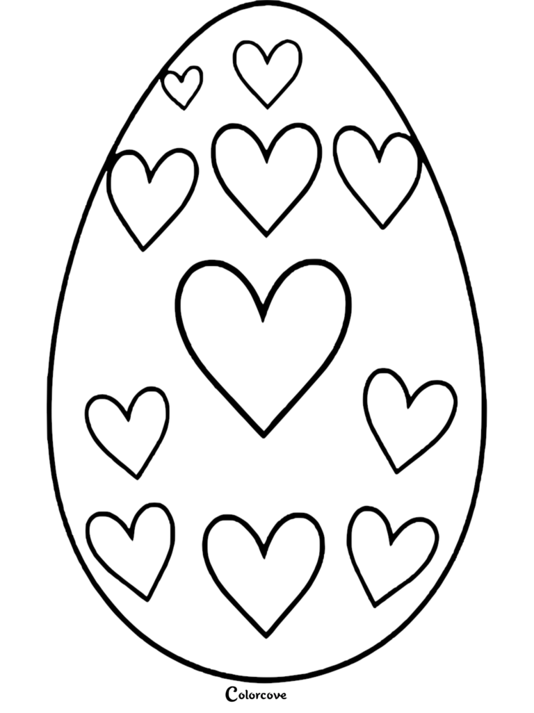 Easter Egg Coloring Page featuring a large egg decorated with various sized heart shapes for printable art.