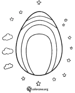 Egg-shaped coloring page with stars and clouds for a fun and creative activity.