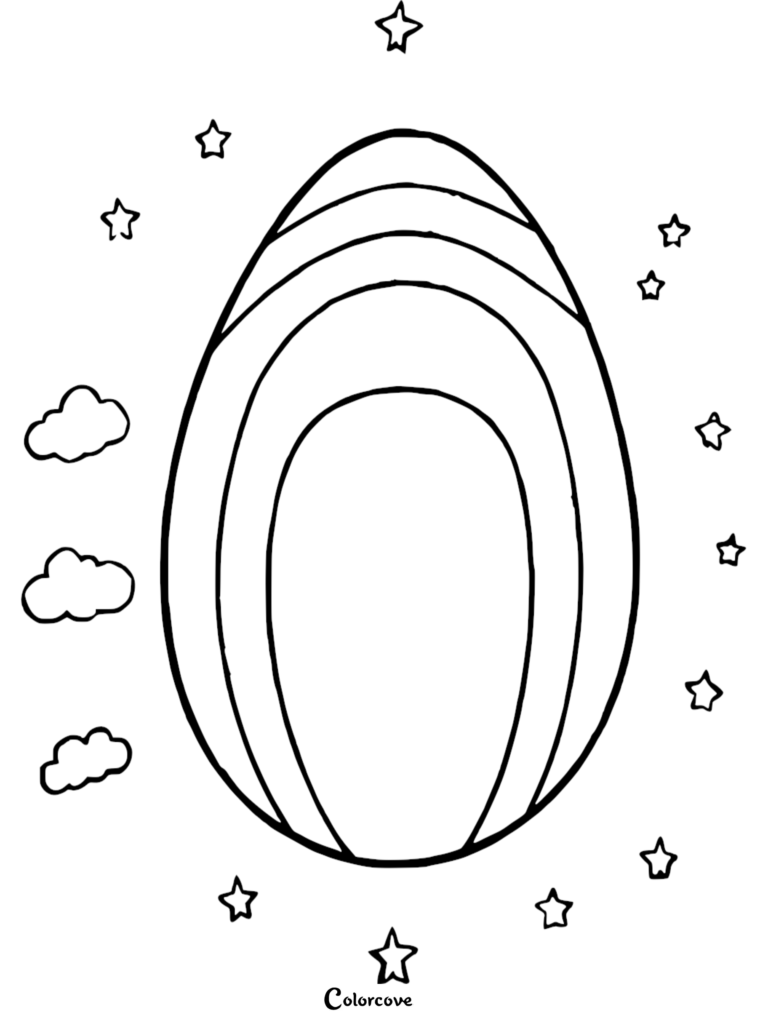 Easter egg coloring page featuring a striped egg surrounded by stars and clouds