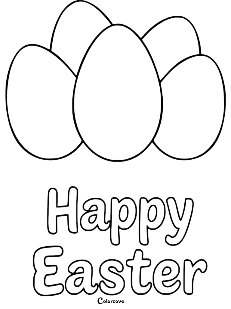 Three simple Easter eggs arranged together above the text Happy Easter in this printable coloring page.