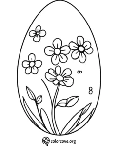 Easter egg coloring page featuring blooming flowers and leaves, perfect for children and spring-themed activities.