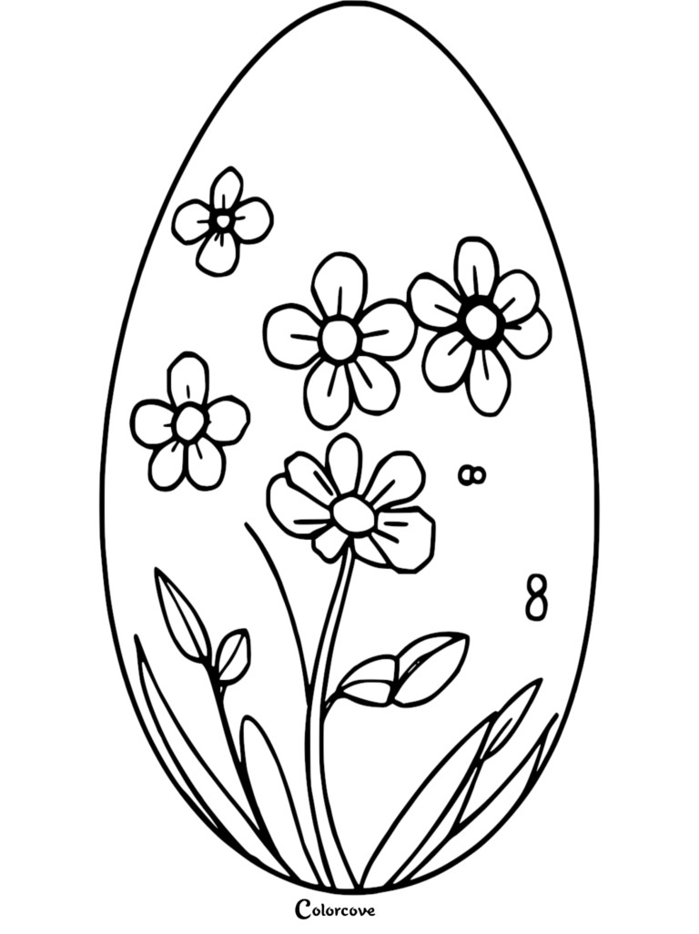 Easter Egg Coloring Page 34 featuring a floral design with five petals flowers and grass inside an egg shape.