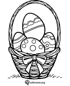 Coloring page of an Easter basket with decorated eggs and a bow, ready for kids to color.
