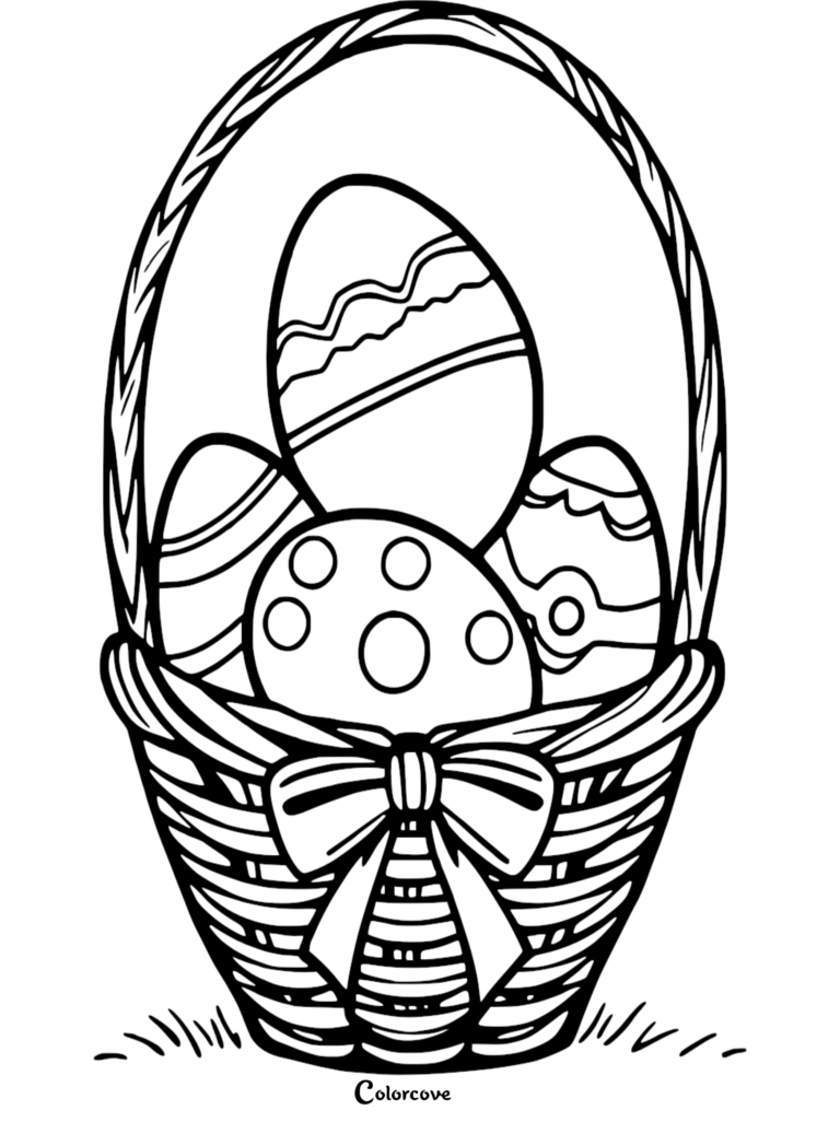 A woven basket filled with three patterned Easter eggs, featuring polka dots and wavy lines, in this free printable coloring page.