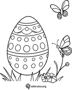Coloring page with an Easter egg, butterflies, and flowers. Perfect for holiday-themed coloring fun.