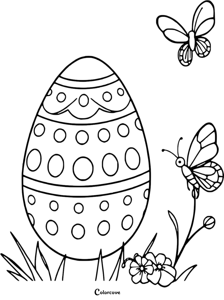Easter egg coloring page featuring a patterned egg with circles and scallops, accompanied by two butterflies and spring flowers.