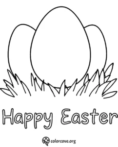 Easter egg coloring page with Happy Easter text and grassy design. Perfect for kids' creative holiday activities.