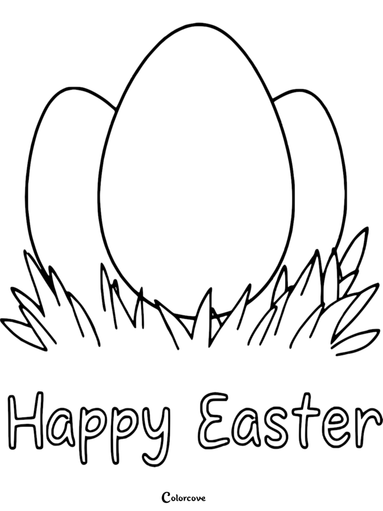 Three Easter eggs nestled in grass with Happy Easter text coloring page