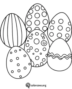 Coloring page of six Easter eggs with various patterns, including stripes and polka dots, perfect for festive creativity.