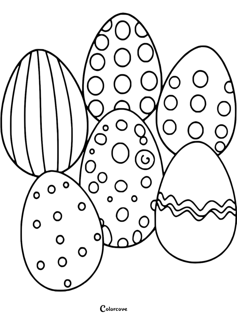 A collection of five Easter eggs with various patterns including stripes, polka dots, and wavy lines on this printable coloring page.