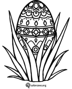 Intricate Easter egg coloring page with nature designs, surrounded by leaves, printable from colorcove.org.