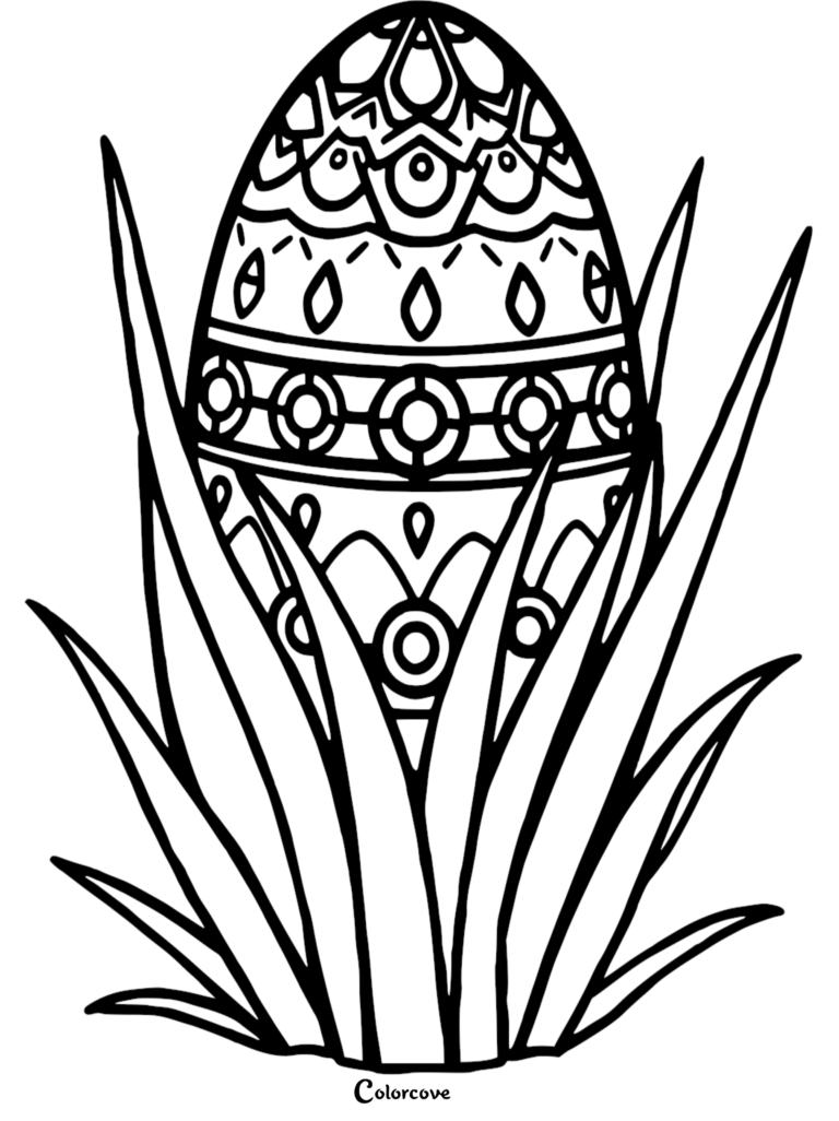 Intricate patterned Easter egg hidden in tall grass coloring page