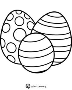 Coloring page of three Easter eggs with stripes and polka dots design, ready to color for festive fun.