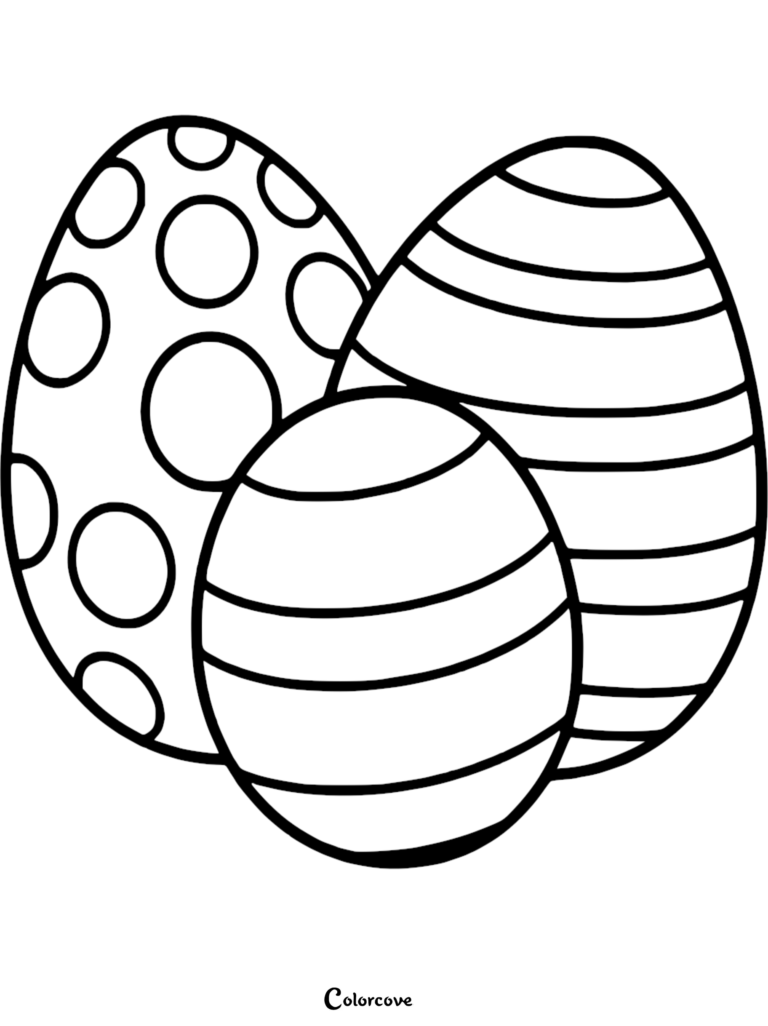 Three Easter eggs with polka dot and striped patterns on a coloring page.