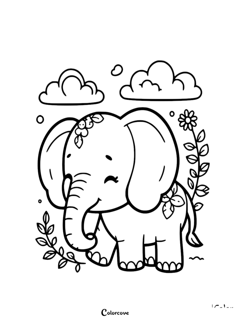 Un Éléphant mignon avec une fleur sur la tête debout près d'une haute tige de fleur sous des nuages vaporeux dans ce coloriage à imprimer.