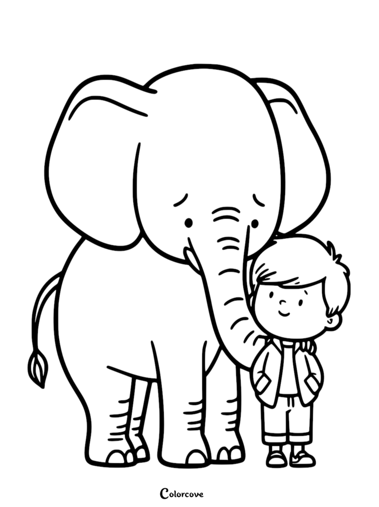 Un Éléphant mignon enroulant sa trompe autour d'un jeune garçon dans ce coloriage à imprimer.