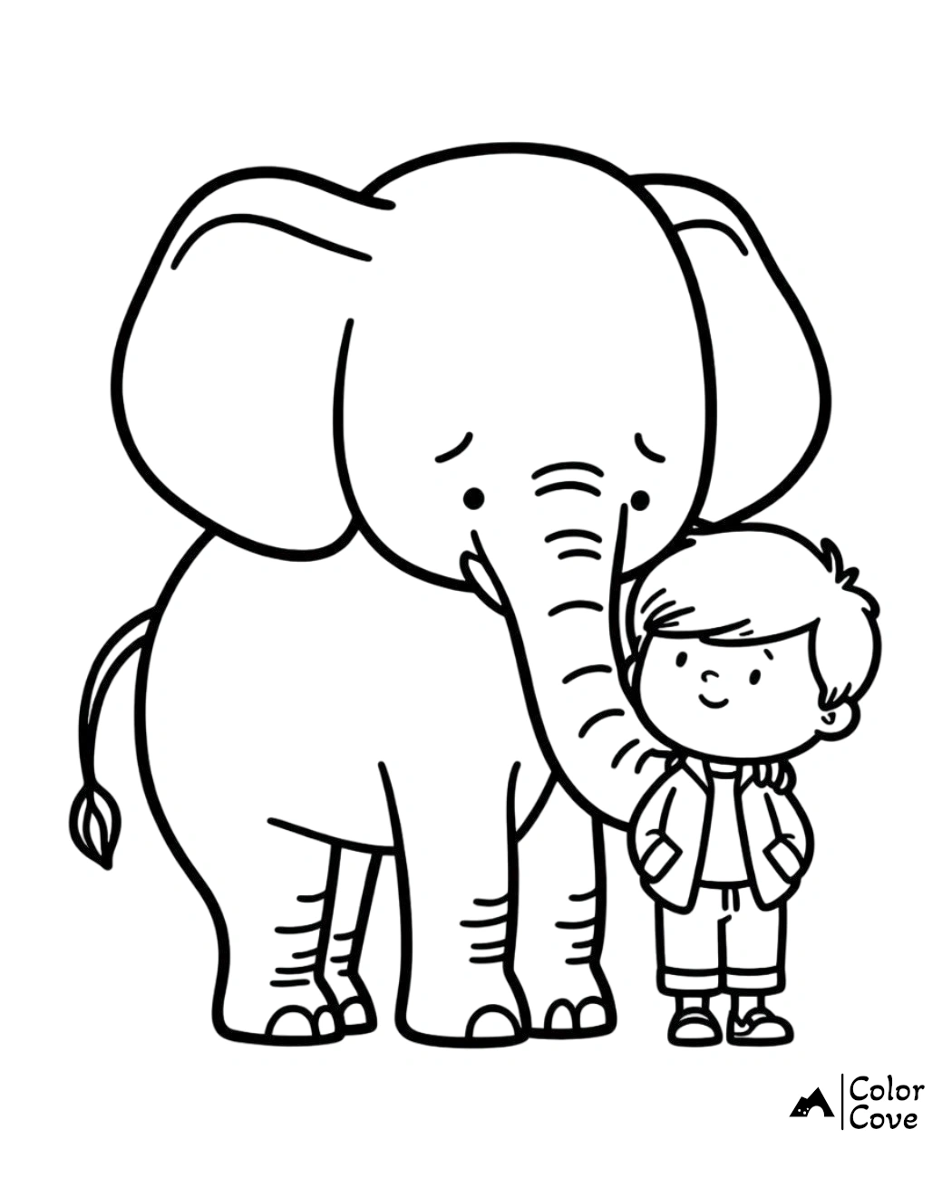 a cartoon of a boy touching an elephant