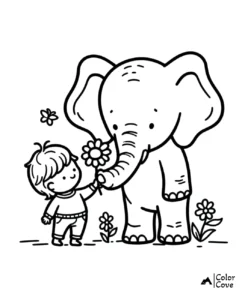 a cartoon of a boy giving a flower to an elephant