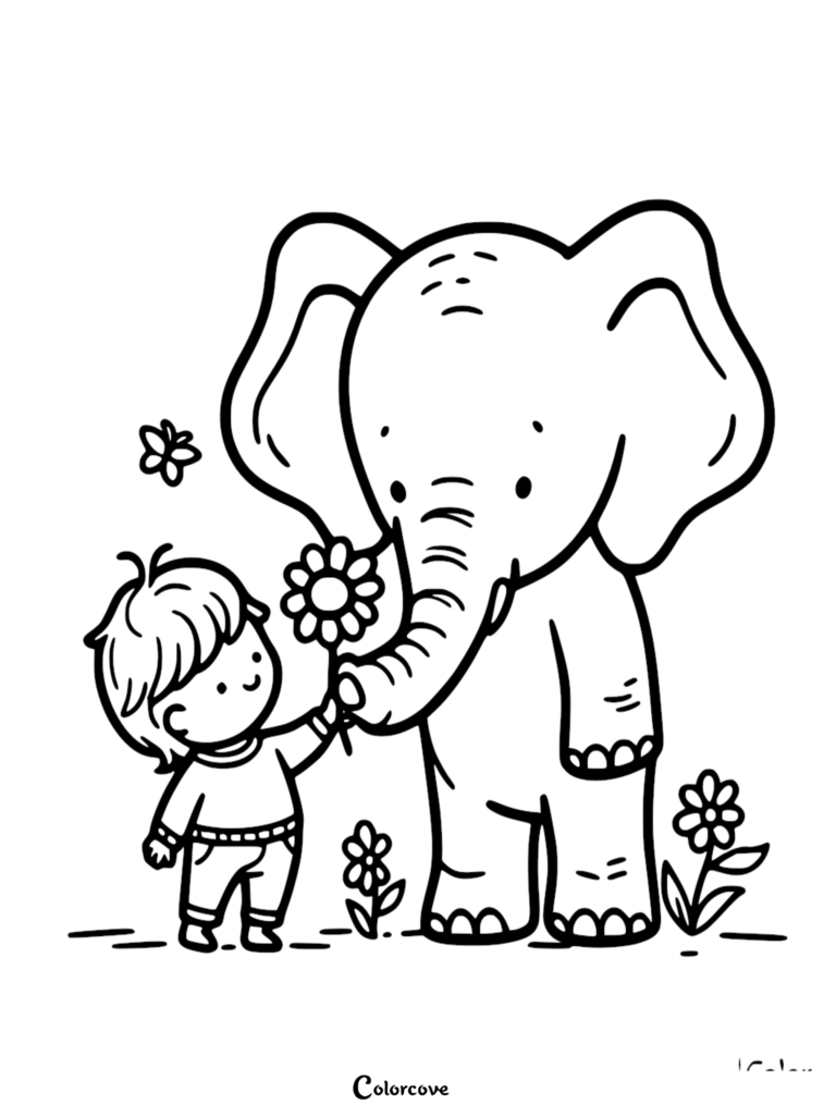 Un Éléphant mignon et un jeune enfant tenant une fleur ensemble dans un style de coloriage au trait simple.