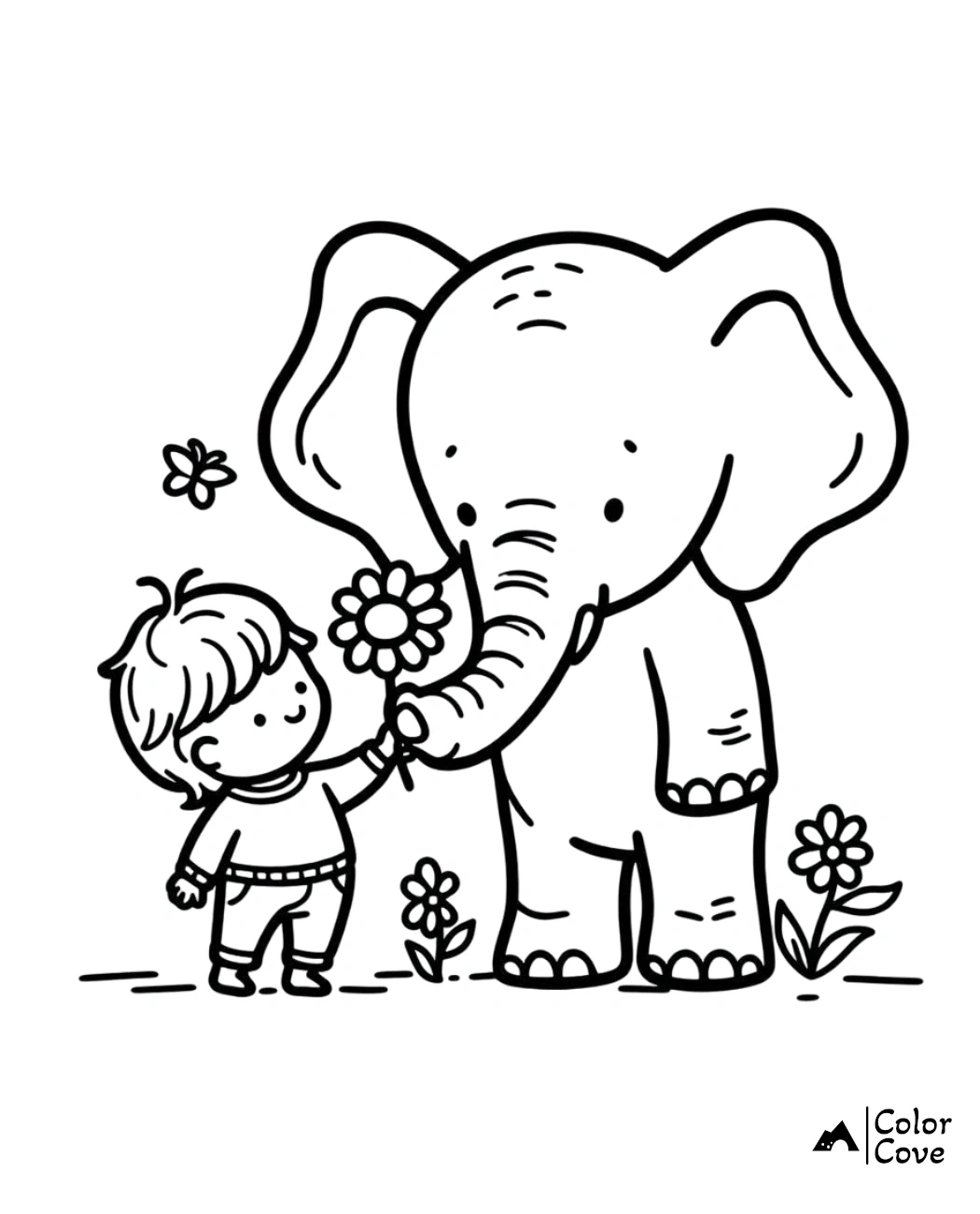 a cartoon of a boy giving a flower to an elephant