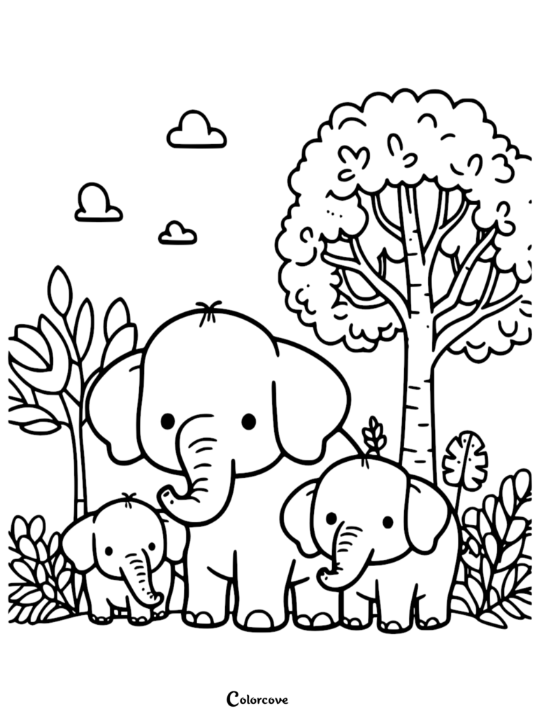 Une maman Éléphant mignonne debout avec deux petits Bébé éléphant dans un décor de forêt, mettant en vedette un grand arbre et des nuages dans cette page de coloriage à imprimer.