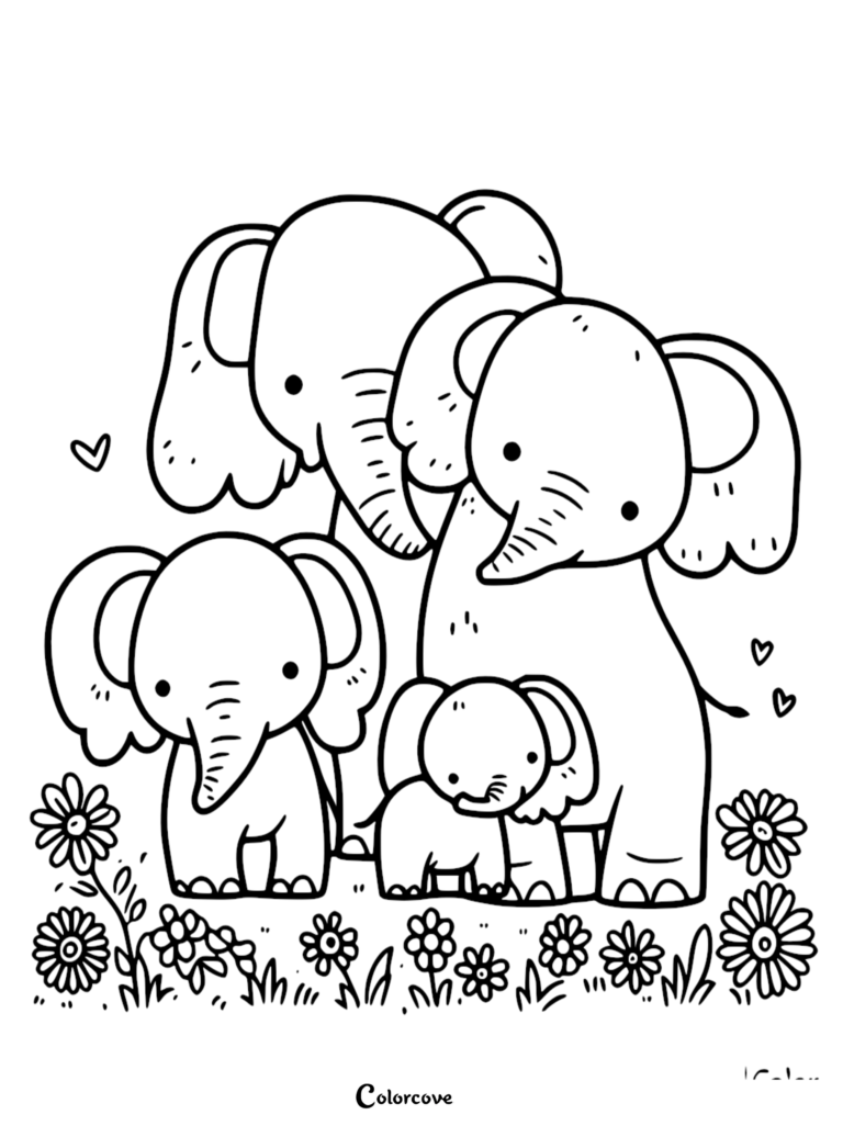 Page de coloriage d'une famille d'Éléphant mignonne mettant en vedette deux Éléphant adultes et deux Bébé éléphant debout dans un champ de marguerites avec des cœurs flottants.
