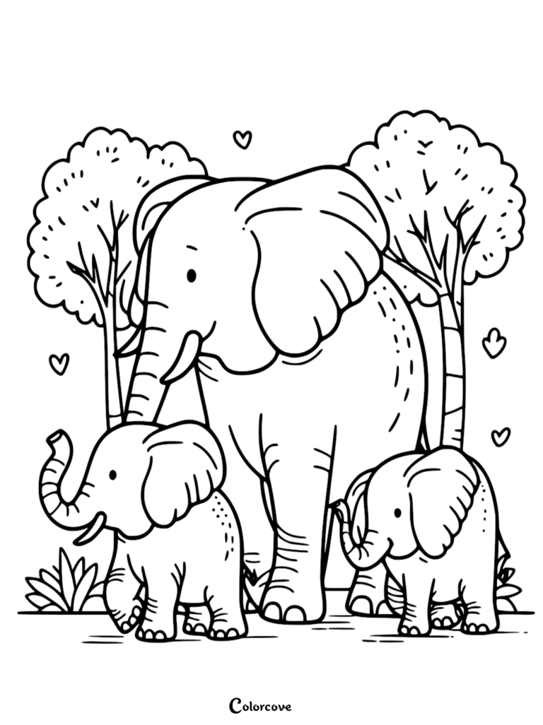 Une mère Éléphant debout avec deux petits veaux dans un décor de forêt, mettant en vedette des formes de cœur dans cette page de coloriage à imprimer.