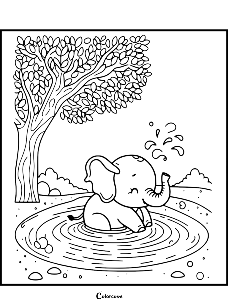 Un mignon Bébé éléphant assis dans un étang et vaporisant de l'eau avec sa Trompe sous un grand arbre, page de coloriage à imprimer.
