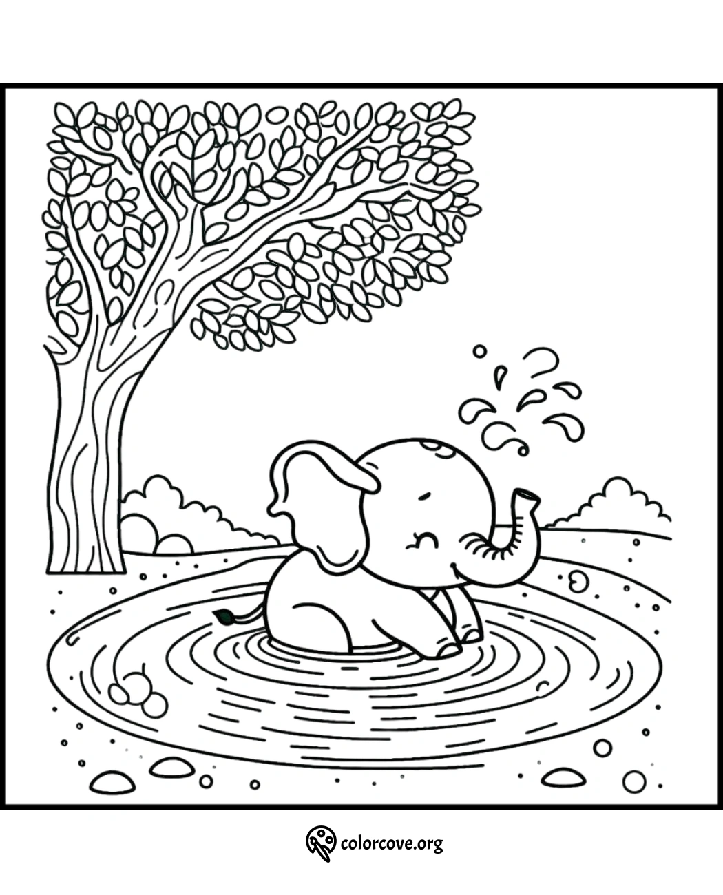 Cute elephant playing in a waterhole coloring page with tree and puddle for kids. Free printable at colorcove.org.