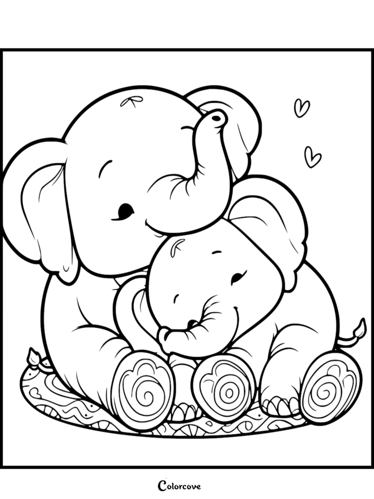 Une maman Éléphant mignonne câlinant son bébé sur un tapis à motifs dans cette page de coloriage à imprimer.
