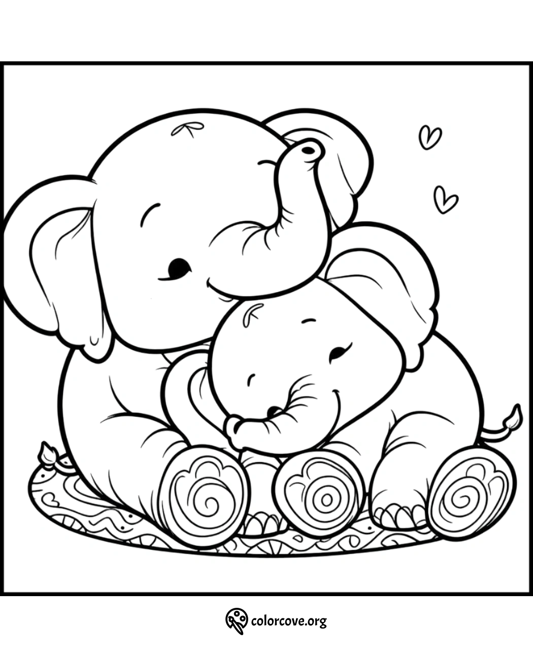 Cute Elephant Coloring Page: Adorable parent and baby elephant cuddling with hearts above on a detailed mat. Fun for kids!