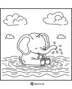 Cute baby elephant coloring page, elephant splashing water, cartoon illustration, fun rainy day activity for kids.
