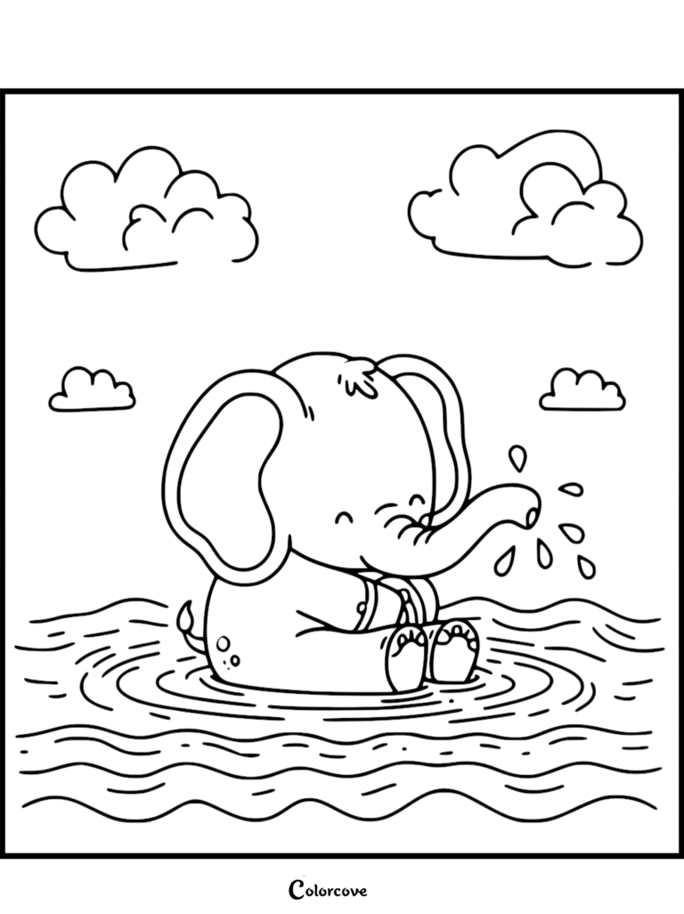 Un mignon Bébé éléphant assis dans l'eau et vaporisant des gouttelettes de sa Trompe, style art au trait pour page de coloriage avec des nuages vaporeux en arrière-plan.