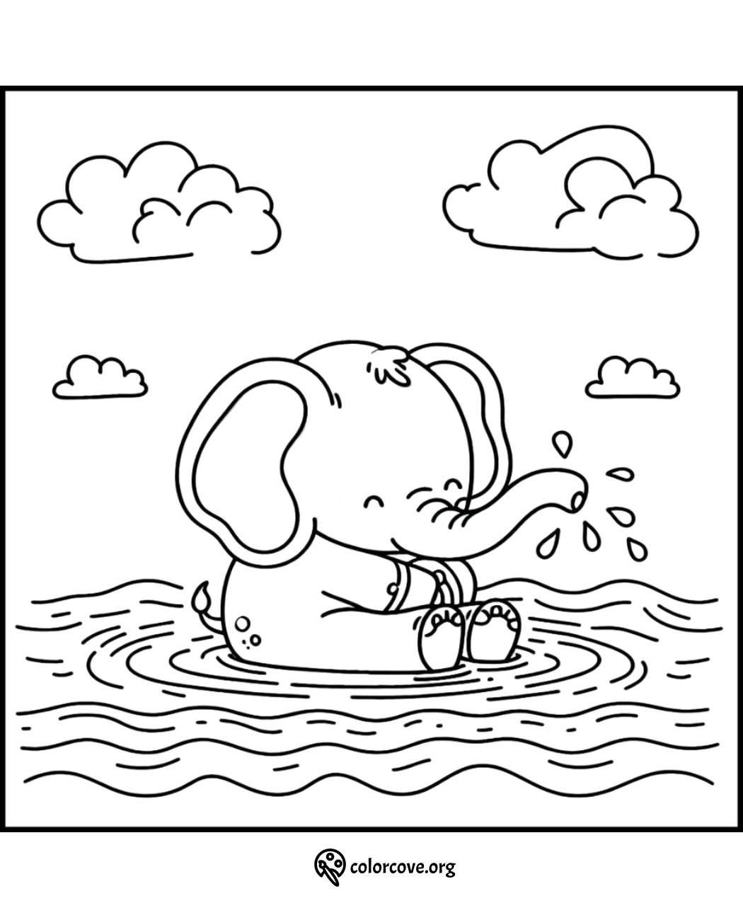 Cute baby elephant coloring page, elephant splashing water, cartoon illustration, fun rainy day activity for kids.