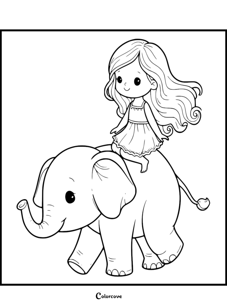 Un Éléphant mignon portant une petite fille aux longs cheveux ondulés sur son dos dans ce coloriage à imprimer.