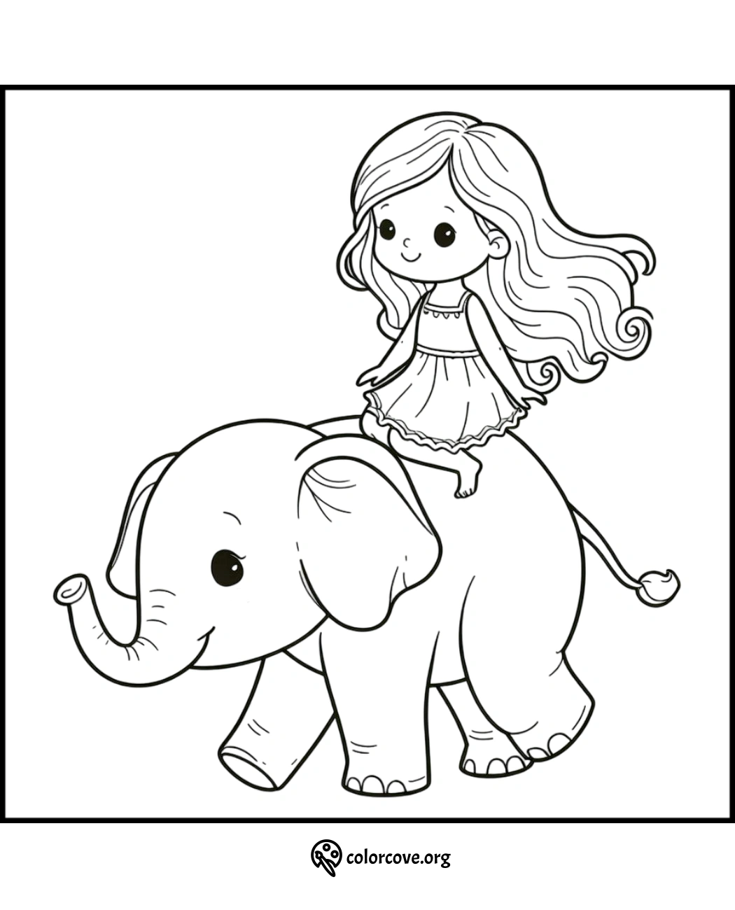 Coloring page of a cute girl riding an elephant, perfect for kids to print and color. Fun and educational activity.