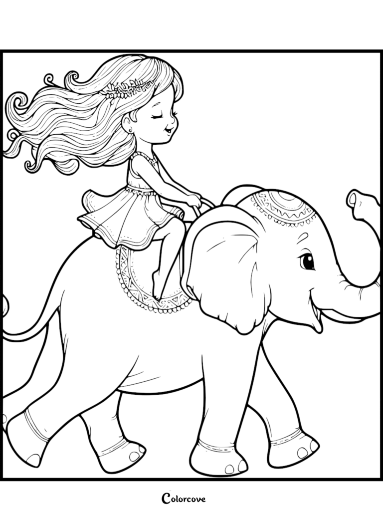 Une fille aux cheveux longs portant une couronne de fleurs chevauchant le dos d'un Éléphant mignon dans ce coloriage à imprimer.