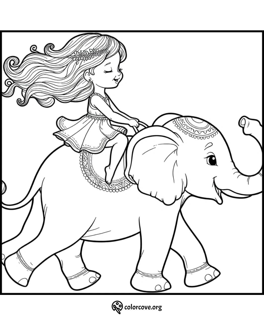 Girl riding an elephant coloring page by colorcove.org. Printable illustration for kids to color and enjoy creative fun.