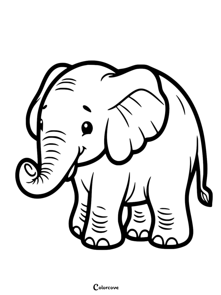 Un coloriage au trait simple d'un Bébé éléphant mignon avec de grandes oreilles et une trompe recourbée debout sur un fond blanc.