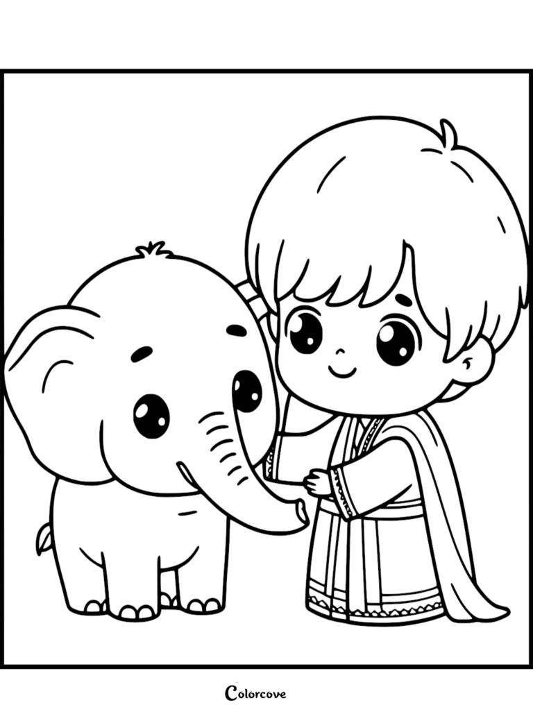 Un garçon mignon en robe traditionnelle caressant un petit Éléphant dans ce coloriage à imprimer.