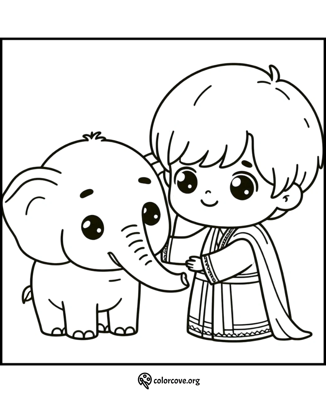 Coloring page of a cute child petting a small elephant. Perfect for kids' activities and developing creativity.