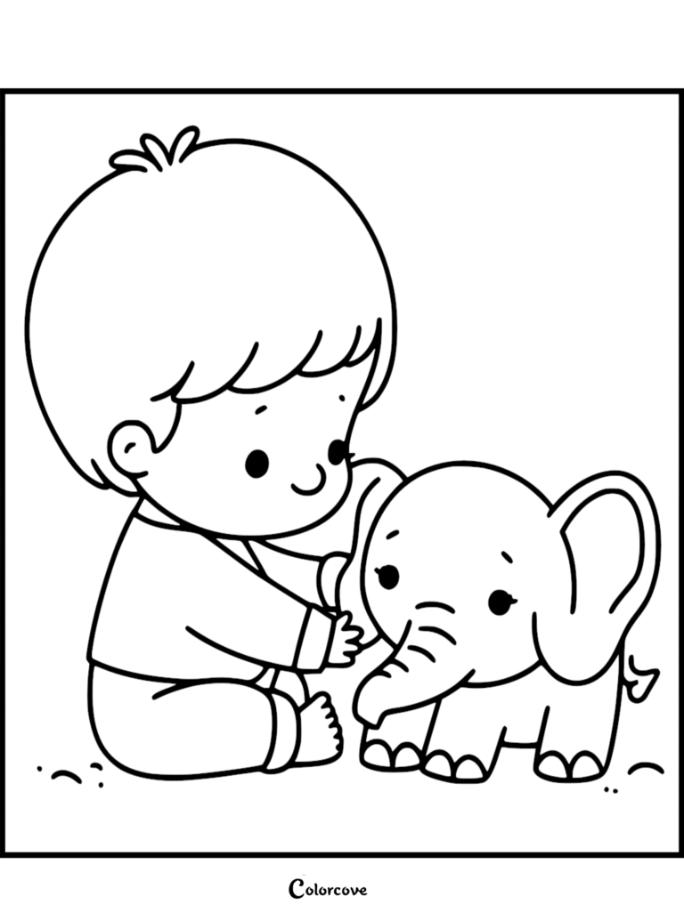 Un coloriage à imprimer représentant un jeune garçon assis par terre caressant doucement un petit Bébé éléphant adorable.