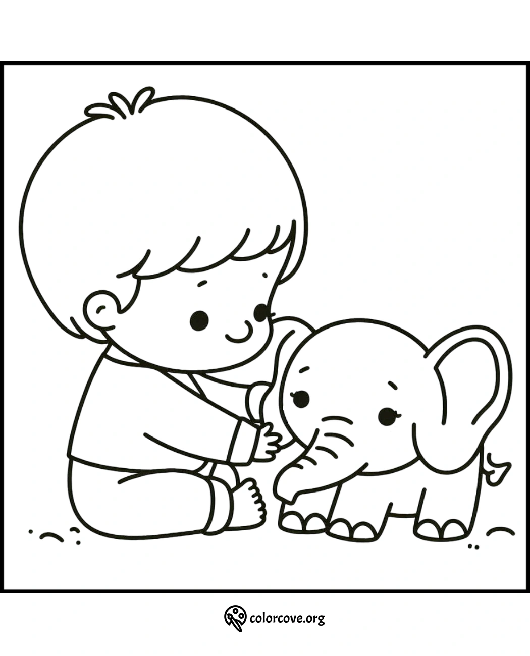 Cute coloring page of a child sitting next to and petting an adorable baby elephant with joyful expressions.