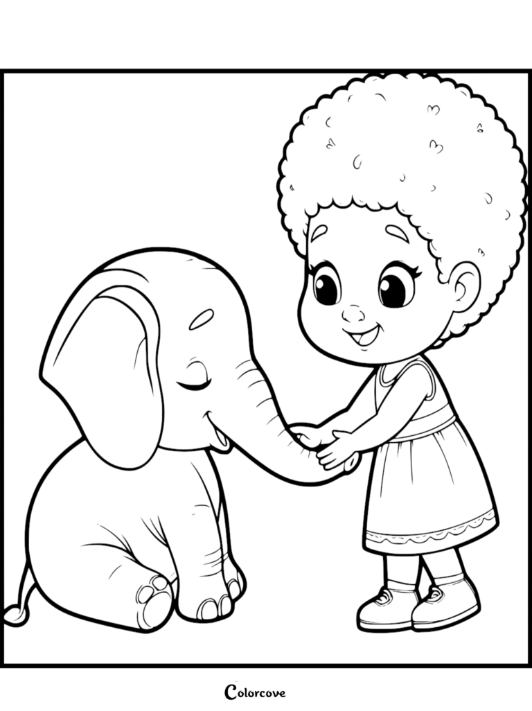 Une fille mignonne aux cheveux bouclés tenant la Trompe d'un Bébé éléphant assis dans ce coloriage à imprimer.