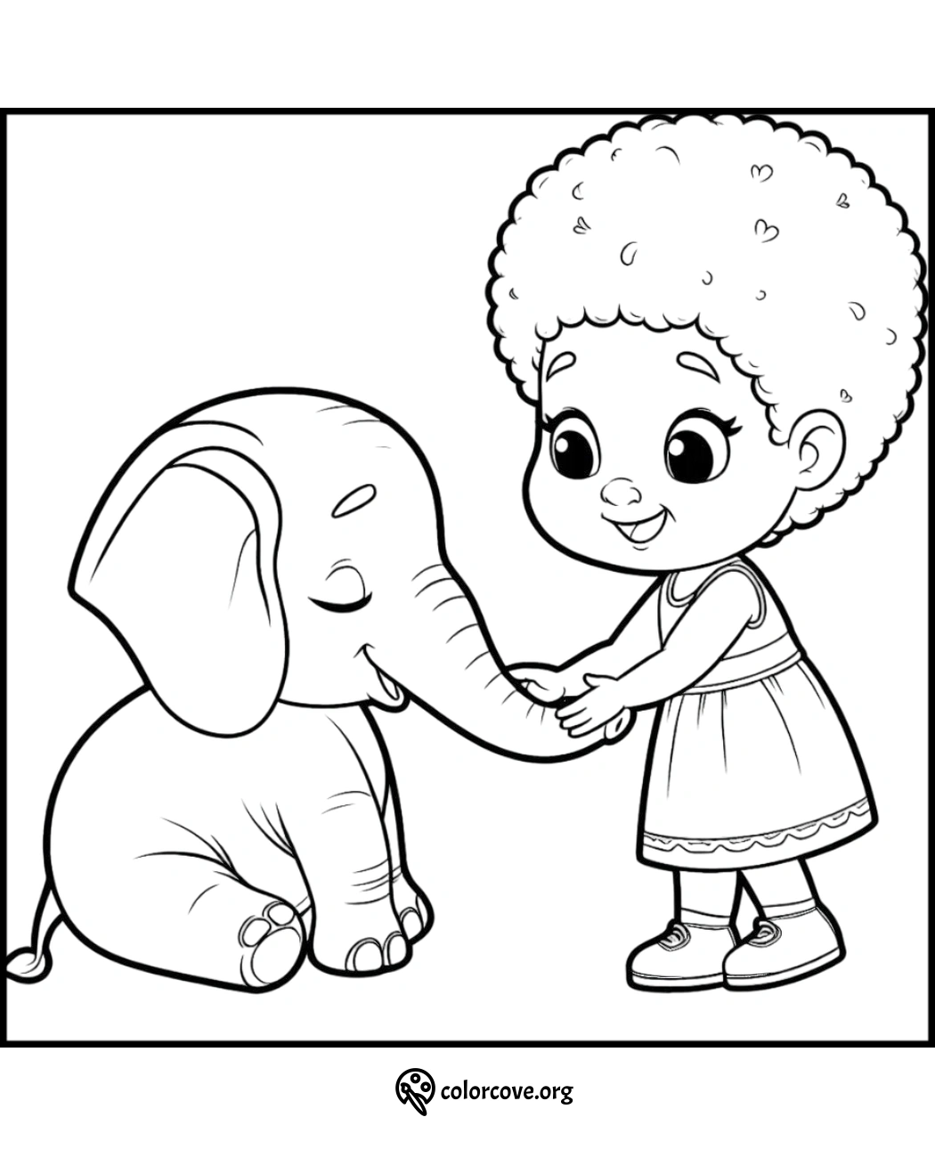 Coloring page of a smiling child holding an elephant's trunk, designed for kids to enjoy and color.