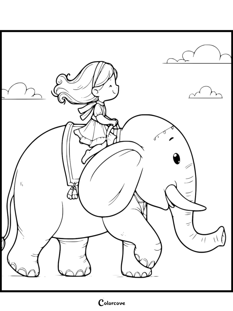 Une jeune fille avec un bandeau chevauchant le dos d'un Éléphant amical dans ce coloriage à imprimer.