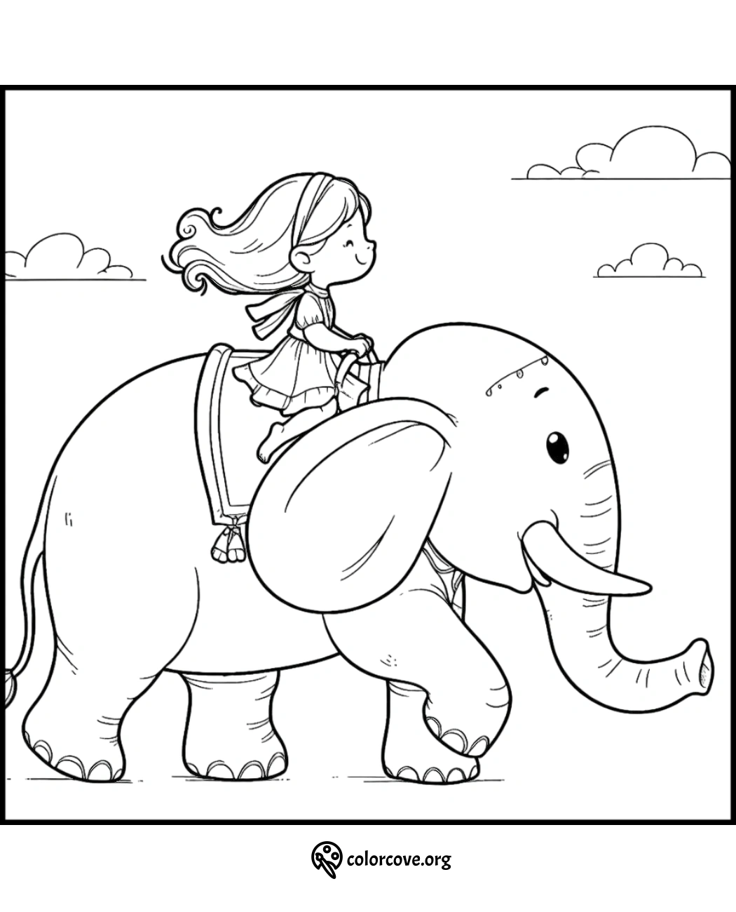 Coloring page of a smiling girl riding an elephant under a cloudy sky, free printable from colorcove.org.