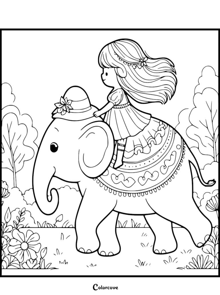 Une fille aux cheveux longs portant une robe chevauchant un Éléphant mignon avec un chapeau de fleurs en forêt, coloriage à imprimer.