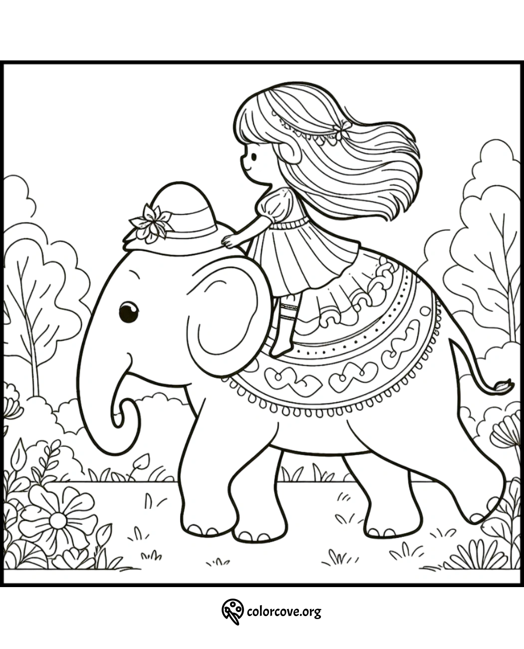 Girl riding decorated elephant in a forest - fun coloring page for kids from colorcove.org. Perfect for relaxation.