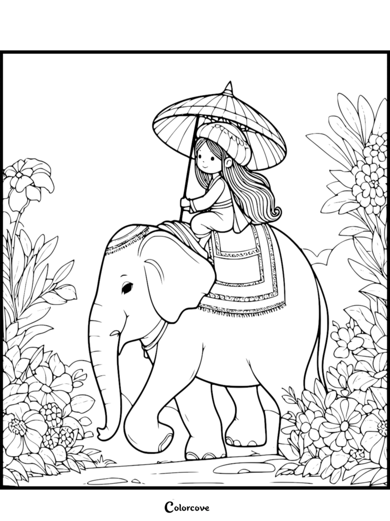 Une fille en tenue traditionnelle tenant un parapluie tout en chevauchant un Éléphant mignon dans un jardin floral, coloriage à imprimer.